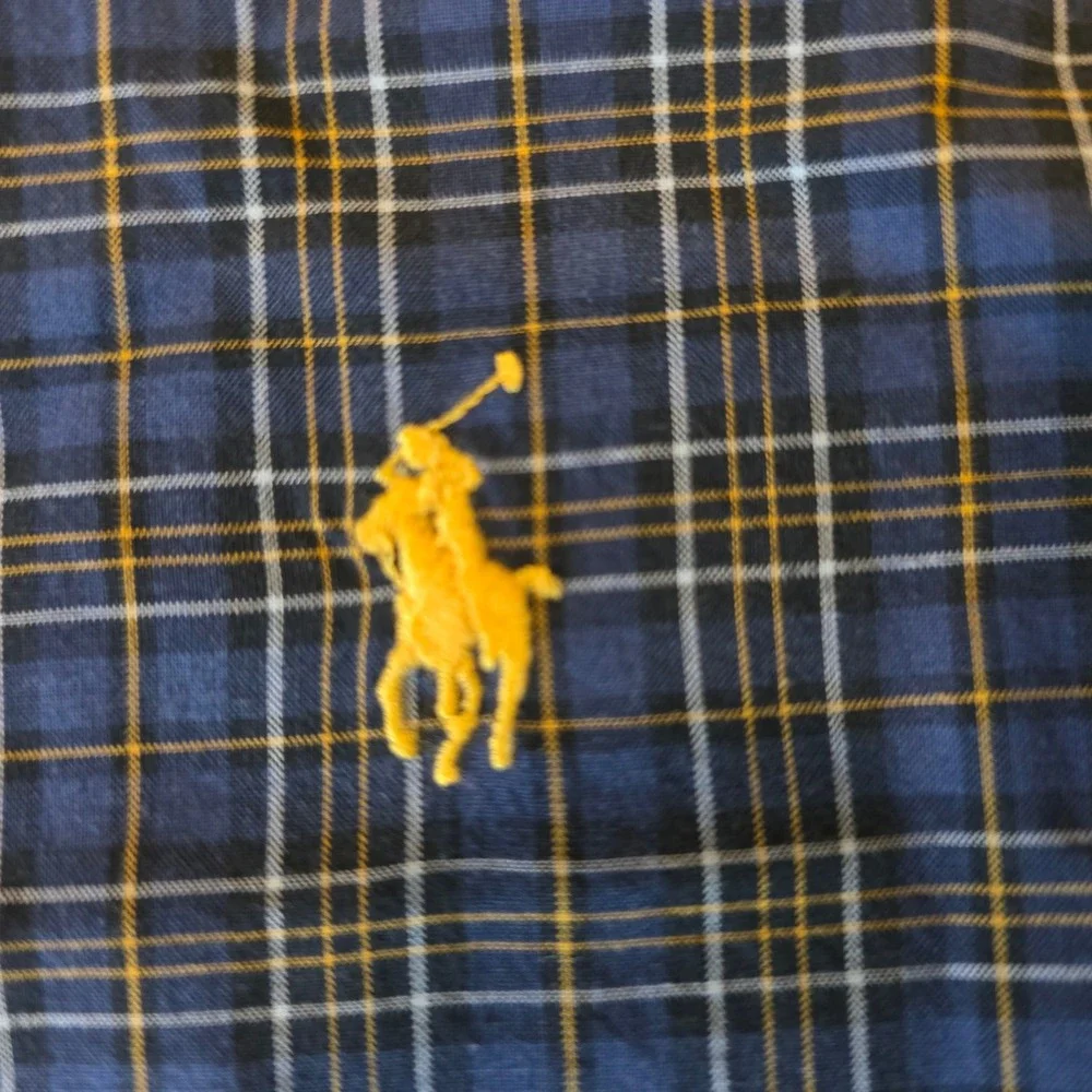 Ralph Lauren Boys Navy Blue Plaid Button-Down Shirt with Yellow Pony